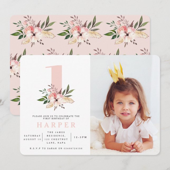 Elégante invitation à la fête d'anniversaire rose  (Devant / Derrière)
