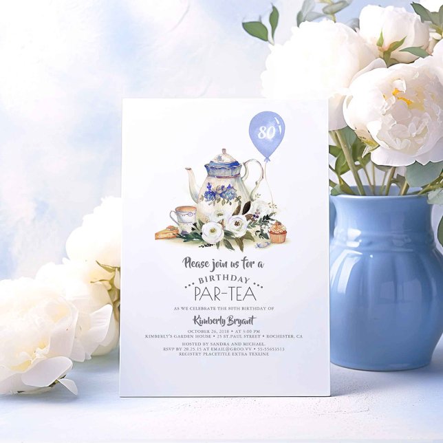 Elégante Invitation à l'Anniversaire Floral (Dusty Blue Par-Tea Birthday Invitations)