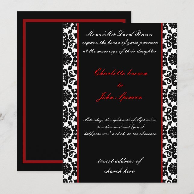 élégante invitation à mariage damassé rouge (Devant / Derrière)