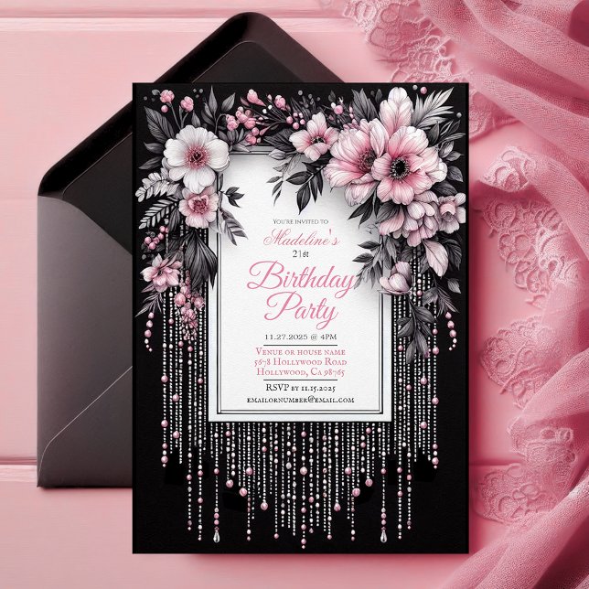 Elégante Invitation d'anniversaire de florale noir (Editable Sweet 16 Invitation, black and pink floral, sixteenth birthday party, elegant glam chic,)