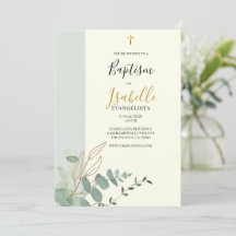 Élégante invitation de baptême au vert sauge et or
