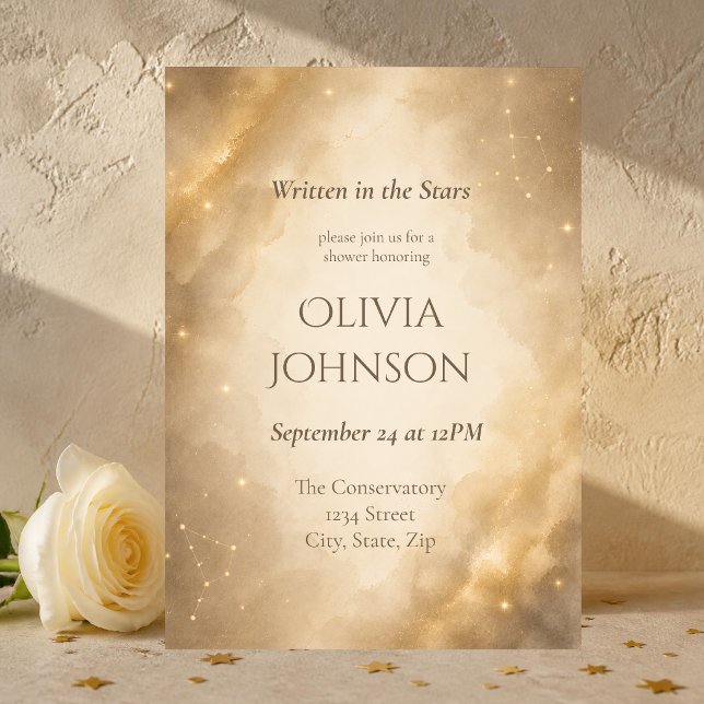 Élégante invitation de douche de mariée céleste |  (Luxury ivory and gold celestial bridal shower invitation with elegant watercolor and gold stars.)