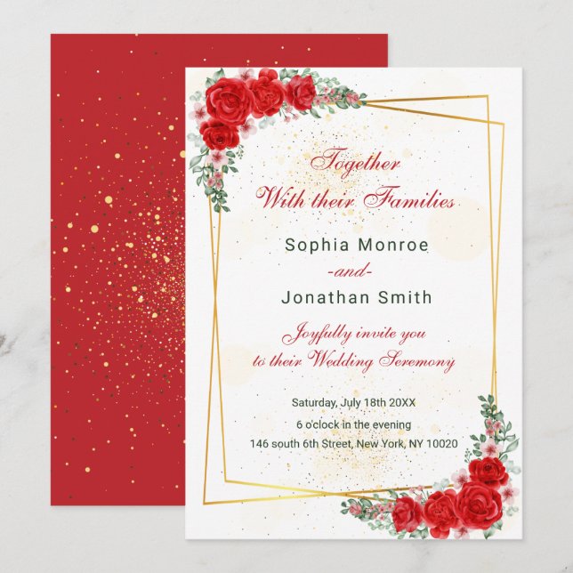 élégante invitation de mariage à cadre floral roug (Devant / Derrière)