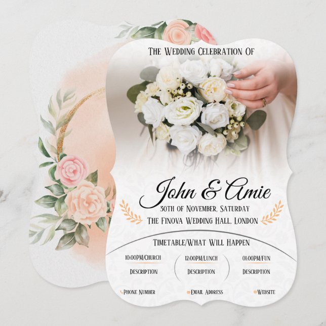 élégante invitation de mariage avec des roses (Devant / Derrière)