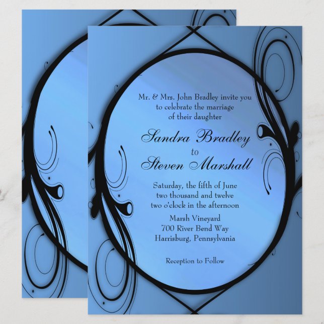 Elégante invitation de mariage bleu (Devant / Derrière)