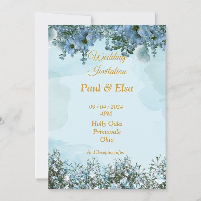 Elégante invitation de mariage, bleu, fleurs bleue (Devant)