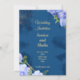 Elégante invitation de mariage, bleu, fleurs bleue