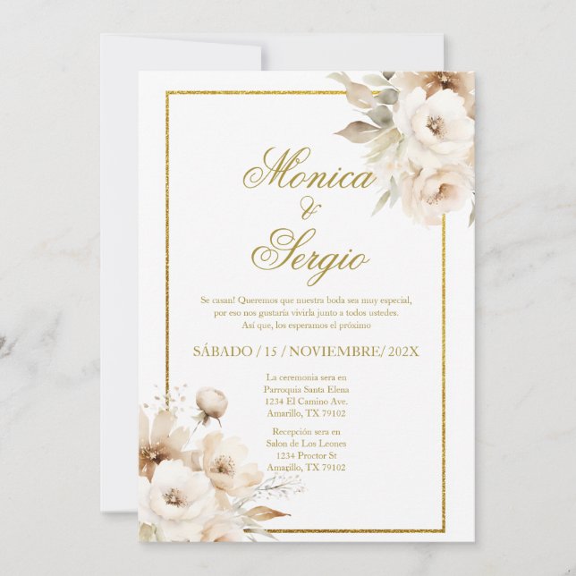 Elégante invitation de mariage en espagnol (Devant)