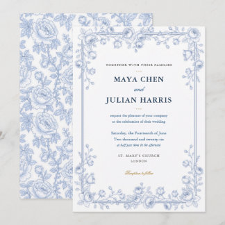 Élégante invitation de mariage florale bleu et bla