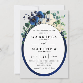 Élégante invitation de mariage florale bleu marine
