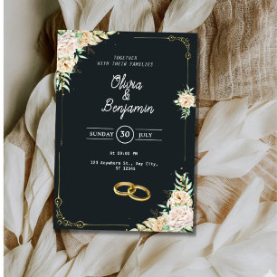 Élégante invitation de mariage florale noire et or
