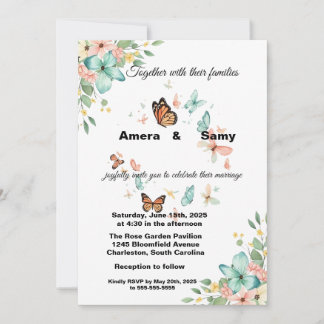 Élégante invitation de mariage florale papillon aq
