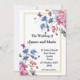 Elégante invitation de mariage, rose, fleurs bleue