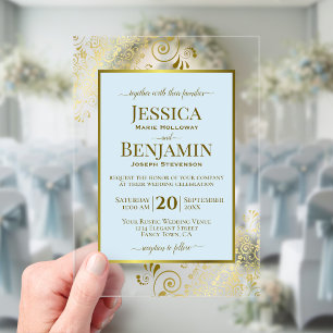 Élégante invitation de mariage texte bleu poudré e