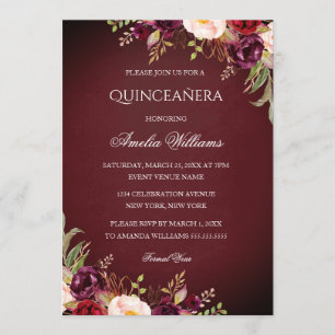 Élégante invitation de Quinceanera florale bordeau