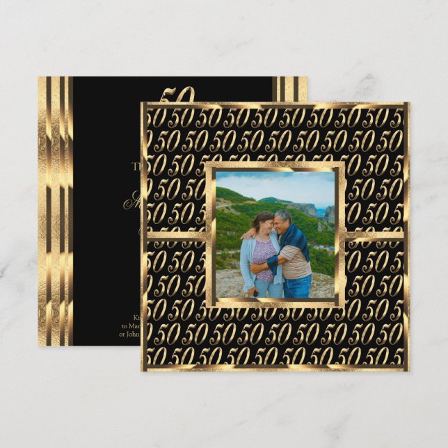 Élégante invitation du 50e anniversaire Noir et or (Devant / Derrière)