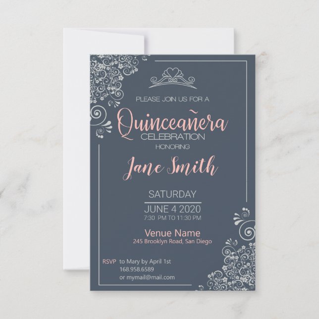 Elégante invitation florale quinceanera argent ble (Devant)
