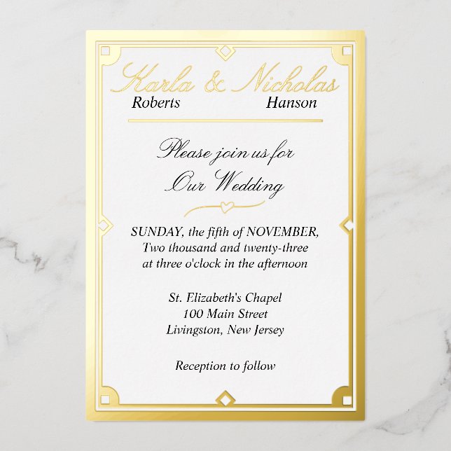 Elégante invitation Mariage Art Déco Blanc (Recto)