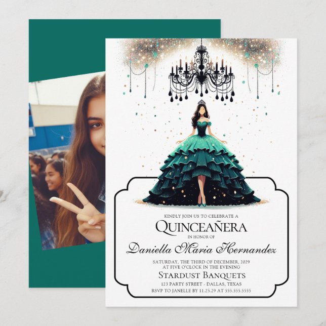 Elégante Invitation Turquoise Quinceañera (Devant / Derrière)