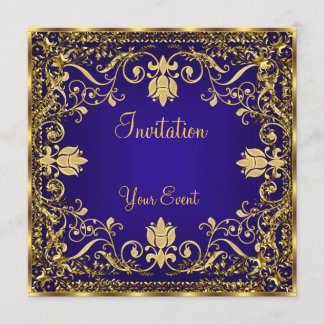 Élégante invitation vintage bleu roi et or