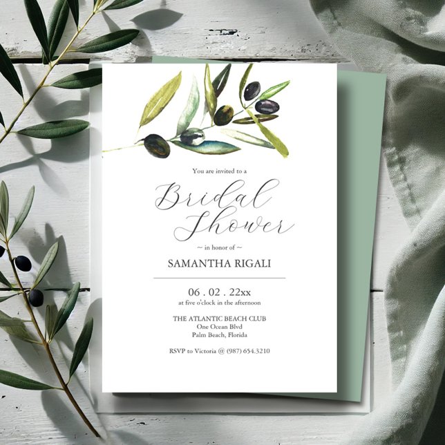 Elégante Invitations de douche nuptiale Aquarelle  (Bridal shower invitations botanical watercolor olive branch by Victoria Grigaliunas Do Tell A Belle)