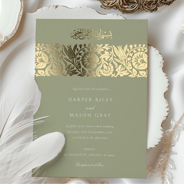 Elegante islamische Blumenhochzeit Gold Sage Green Folieneinladung (Von Creator hochgeladen)