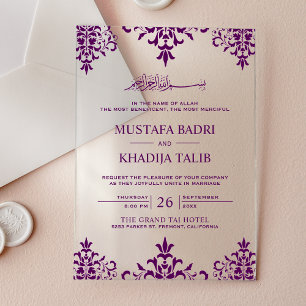 Elegante islamische Hochzeit im lila Damast-Stil Acryleinladungen