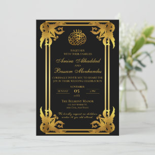 Elegante islamische Hochzeit Schwarz und Gold Einladung