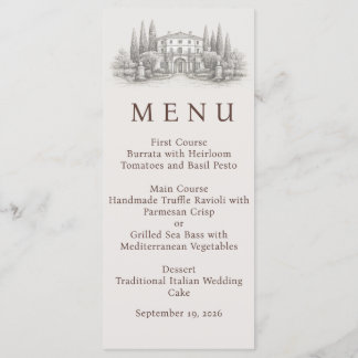 Elegante italienische Villa-Aquarell-Hochzeit Menükarte