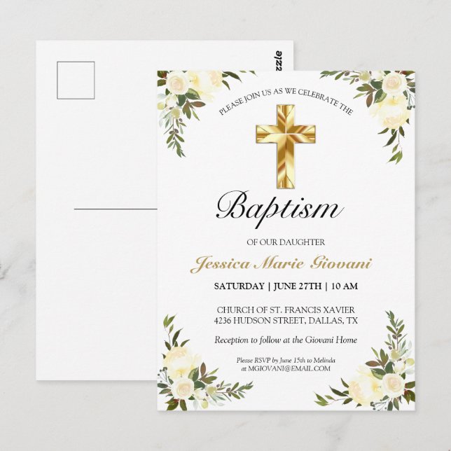 Elégante ivoire Floral Baby Baptism Carte postale (Devant / Derrière)