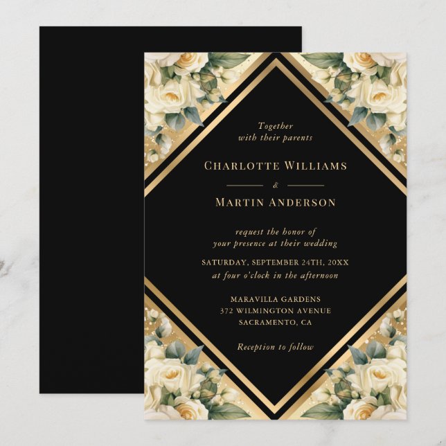 Elegante Ivory Black Gold Geometric Floral Wedding Einladung (Vorne/Hinten)