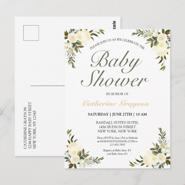 Elegante Ivory Floral Baby Dusche Einladung Postkarte (Vorne/Hinten)