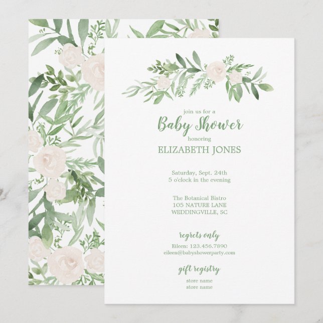 Elegante Ivory & Green Floral Baby Dusche Einladung (Vorne/Hinten)
