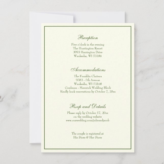 Elegante Ivory Green Wedding Reception Einladung (Vorderseite)