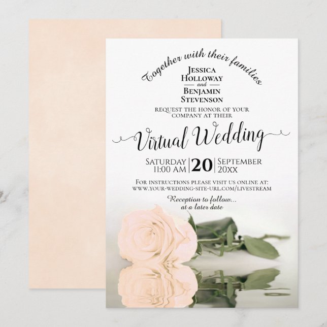 Elegante Ivory Peach Romantische Rose Virtual Wedd Einladung (Vorne/Hinten)