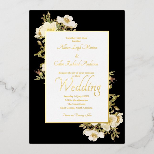 Elegante Ivory Rose Black Lux Folieneinladung (Vorderseite)