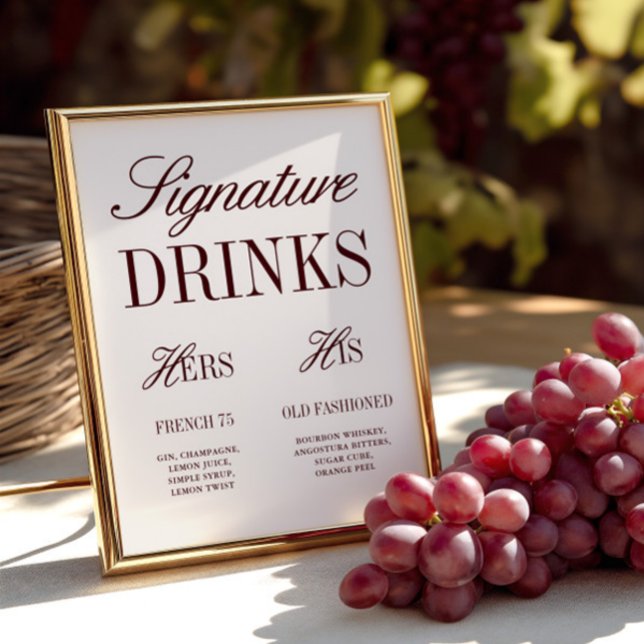 Elegante Ivory Signature Drinks Hochzeiten Bar-Zei (Elegant Ivory Signature Drinks Wedding Bar Sign)