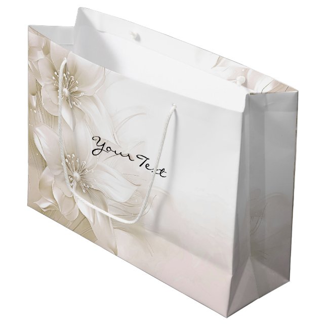 Elegante Ivory White Blume Geschenktasche Große Geschenktüte (Vorderseite Schrägansicht)