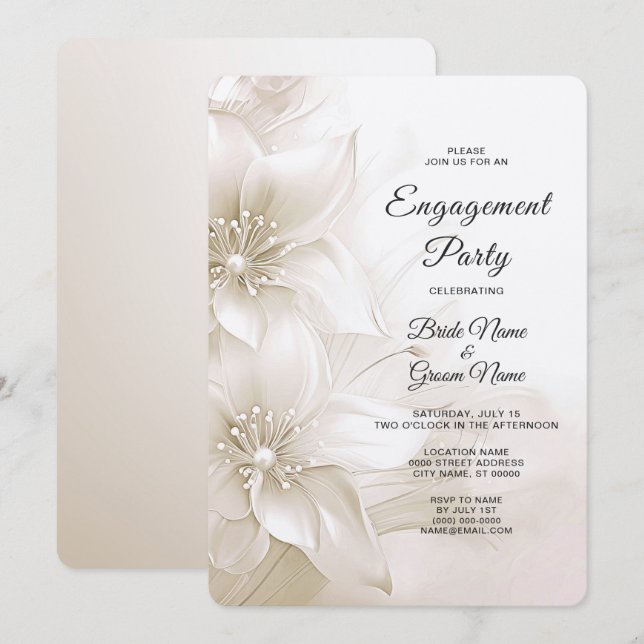 Elegante Ivory White Blume Verlobung Einladung (Vorne/Hinten)