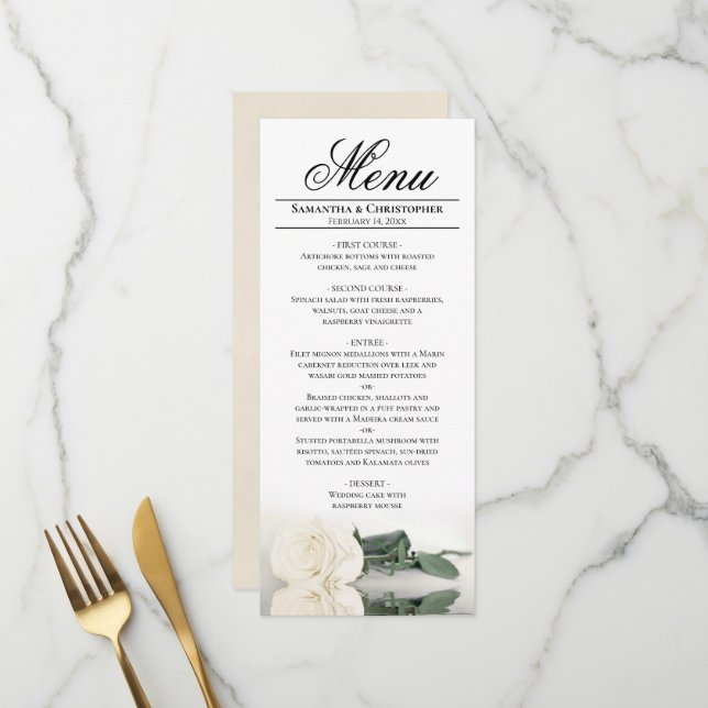 Elegante Ivory White Rose mit Reflections Wedding Menükarte (Vorderseite/Rückseite Beispiel)