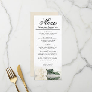 Elegante Ivory White Rose mit Reflections Wedding Menükarte