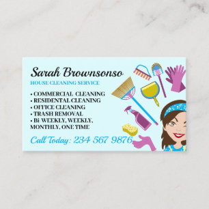Elegante Janitorial Lady Cartoon House Reinigung Visitenkarte