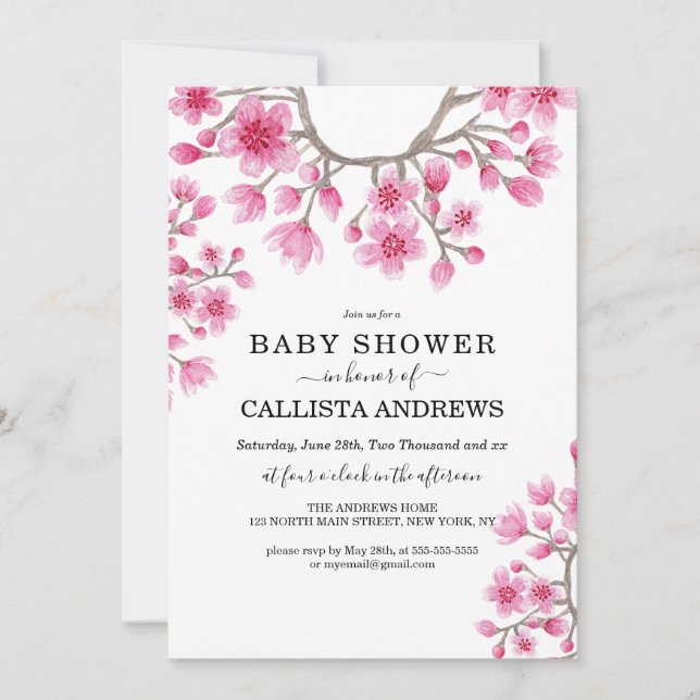 Elegante japanische Cherry Blossom Floral Baby Sho Einladung (Vorderseite)