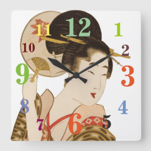 Elegante japanische Geisha mit Fan-Wanduhr Quadratische Wanduhr
