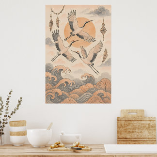 Elegante japanische Kranich-Wandkunst Minimalistis Poster