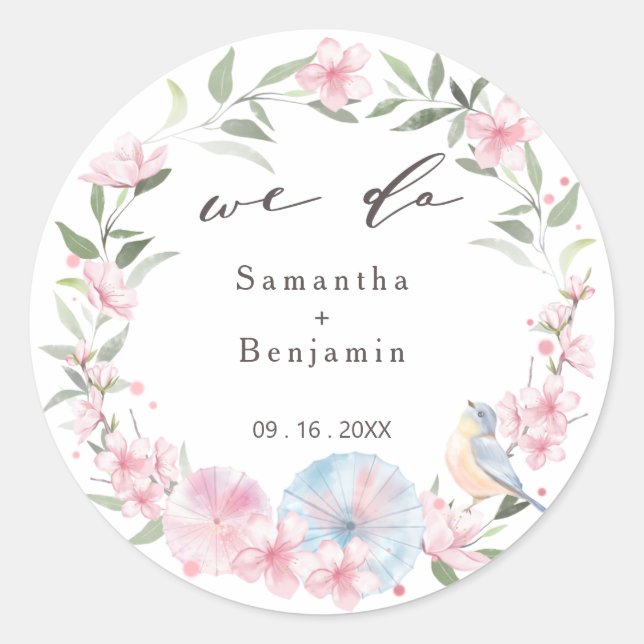 Elegante japanische Sakura Cherry Blossom Hochzeit Runder Aufkleber (Vorderseite)