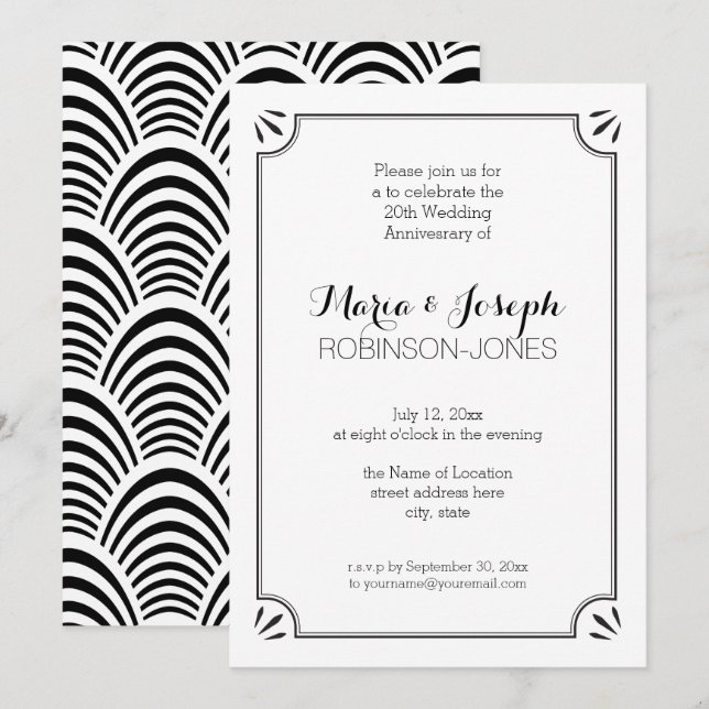 Elegante Jazz Age Black and White Wedding Annivers Einladung (Vorne/Hinten)