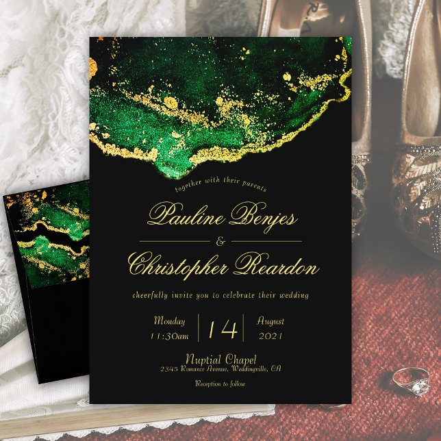 Elegante Jewel-Tone Green Black Gold Wedding Einladung (Elegant Jewel-Tone Green Black Gold Wedding Invitation)