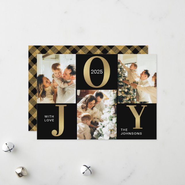 Elegante Joy Black Gold Foto Collage Weihnachten (Vorderseite/Rückseite Beispiel)