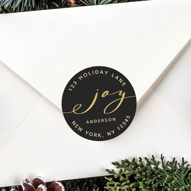 Elegante Joy Black & Gold Weihnachtszeit Rücksende Runder Aufkleber (Von Creator hochgeladen)